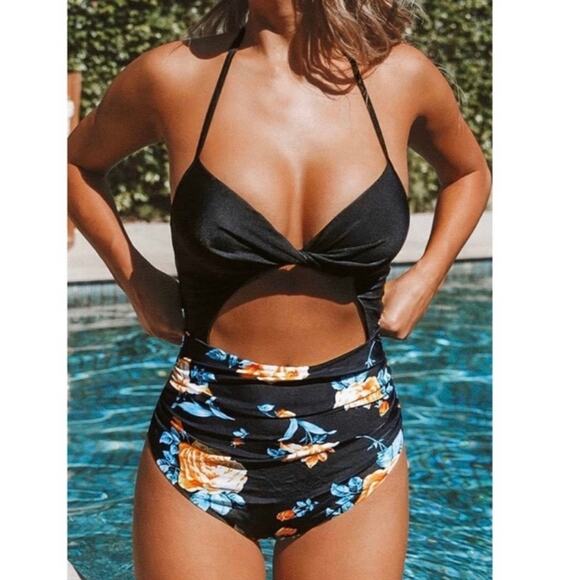 NWT Cupshe Floral Flower Twist Halter Tie Top One Piece Swimsuit Lace Up Small - Picture 1 of 15